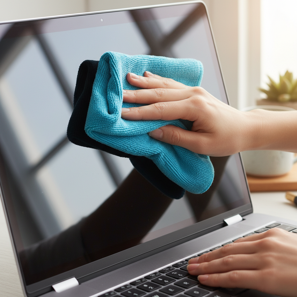 A close-up, professional photo of delicate hands gently wiping a laptop screen with a soft, blue microfiber cloth. The screen should show a reflection of clarity and light, emphasizing the protective aspect of proper cleaning. The laptop itself is sleek and modern, and the focus is entirely on the clean action and the cloth's texture.