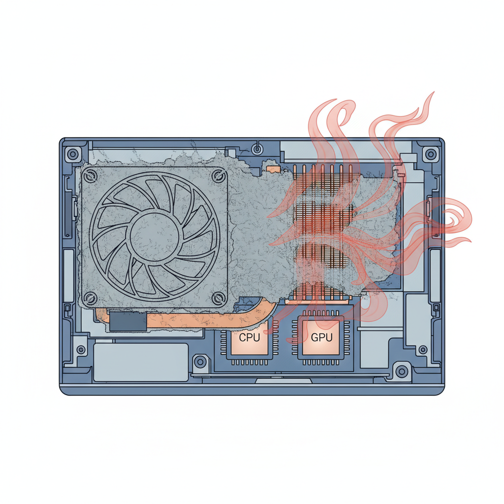 A detailed cross-section illustration of a laptop's interior, specifically highlighting the cooling system. Show a computer fan heavily encrusted with a thick layer of grey dust and lint, completely clogging the fan blades and the intricate fins of the adjacent heatsink. Subtle red and orange heat plumes should visibly emanate from the CPU and GPU areas, struggling to escape through the obstructed vents. The overall scene should convey a sense of inefficiency and overheating due to severe dust accumulation. Style: Realistic technical drawing with warm color accents.
