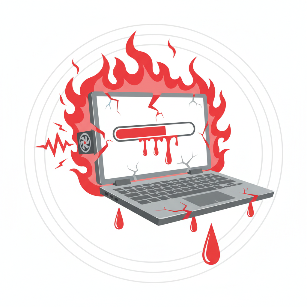 An abstract, conceptual illustration depicting a laptop suffering from overheating and performance issues. The laptop itself should appear visibly distressed, with stylized red heat waves shimmering around its vents. A prominent, jagged sound wave icon should emanate from the fan area, symbolizing loud operation. A subtle, metaphorical visual element like a 'stuck' or 'slow' progress bar integrated into the laptop's form, or a dripping 'sweat' effect, emphasizes its struggle. Style: Modern flat illustration with a stark, impactful color palette of reds, grays, and whites.