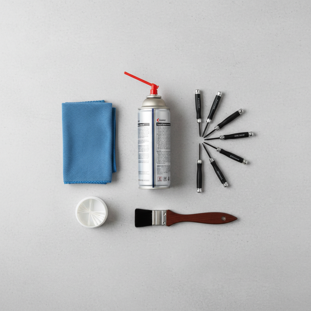 A clean, professional flat lay photograph of various tools required for cleaning a laptop fan. The arrangement should include a can of compressed air, a set of precision screwdrivers (like Phillips and Torx), a soft-bristle anti-static brush, and a small microfiber cloth. All tools are neatly organized on a neutral, light-colored background, hinting at preparation for a task. The focus is on the essential items, presented clearly and invitingly. Style: High-quality product photography with bright, even lighting.