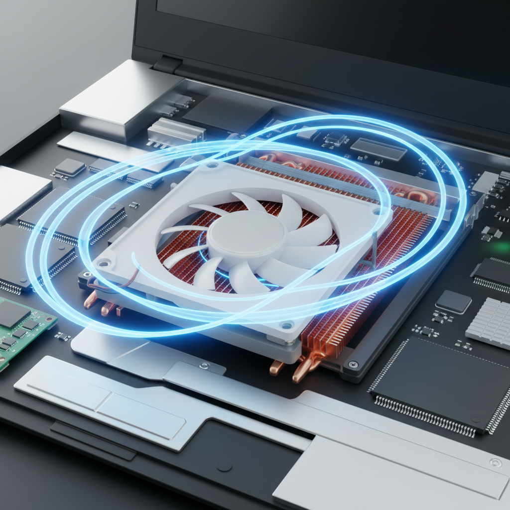 A vibrant and clean internal view of a laptop, showcasing a meticulously cleaned fan and heatsink. The fan blades should be pristine, and the heatsink fins perfectly clear and free of any debris. Dynamic, flowing blue air currents are subtly illustrated, originating from the fan and passing smoothly through the heatsink, symbolizing efficient cooling and unobstructed airflow. The internal components surrounding the cooling system appear cool and operating optimally. Style: Bright, optimistic 3D render or a clean vector illustration with cool color accents.