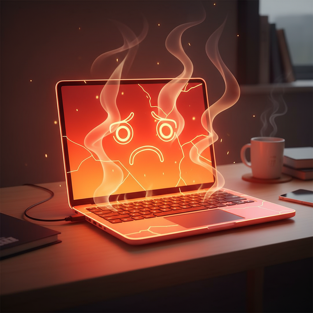 A laptop on a desk, visually emanating intense heat with visible heat waves rising from its keyboard and vents. The laptop's casing is glowing red-orange, suggesting extreme warmth and stress. A subtle, concerned expression could be stylized on the laptop's screen or casing, emphasizing the machine's distress. The background is simple and clean, suggesting a typical home or office environment. Style: Modern, slightly abstract 3D illustration with a vibrant, warm color palette.