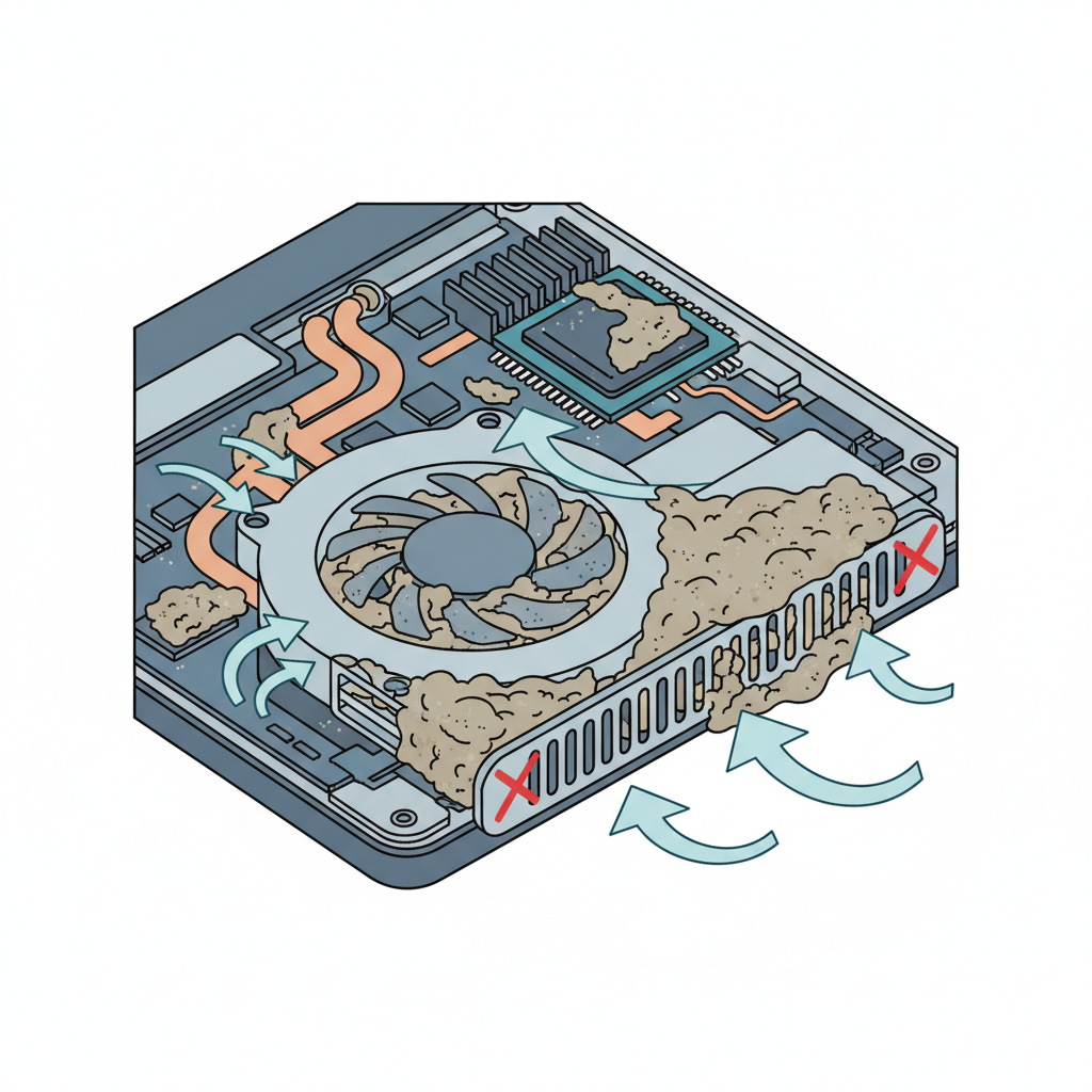 A detailed cutaway diagram illustration of a laptop's internal cooling system, focusing on the fan and ventilation grilles. Clearly show thick layers of dust, lint, and debris accumulated on the fan blades and within the exhaust vents, forming a significant obstruction. Arrows should indicate the blocked or severely reduced airflow. Other internal components like the CPU and heat pipes are visible but secondary. Style: Detailed infographic illustration with clean lines and clear visual separation of components, using a desaturated palette for internals and a contrasting color for dust.