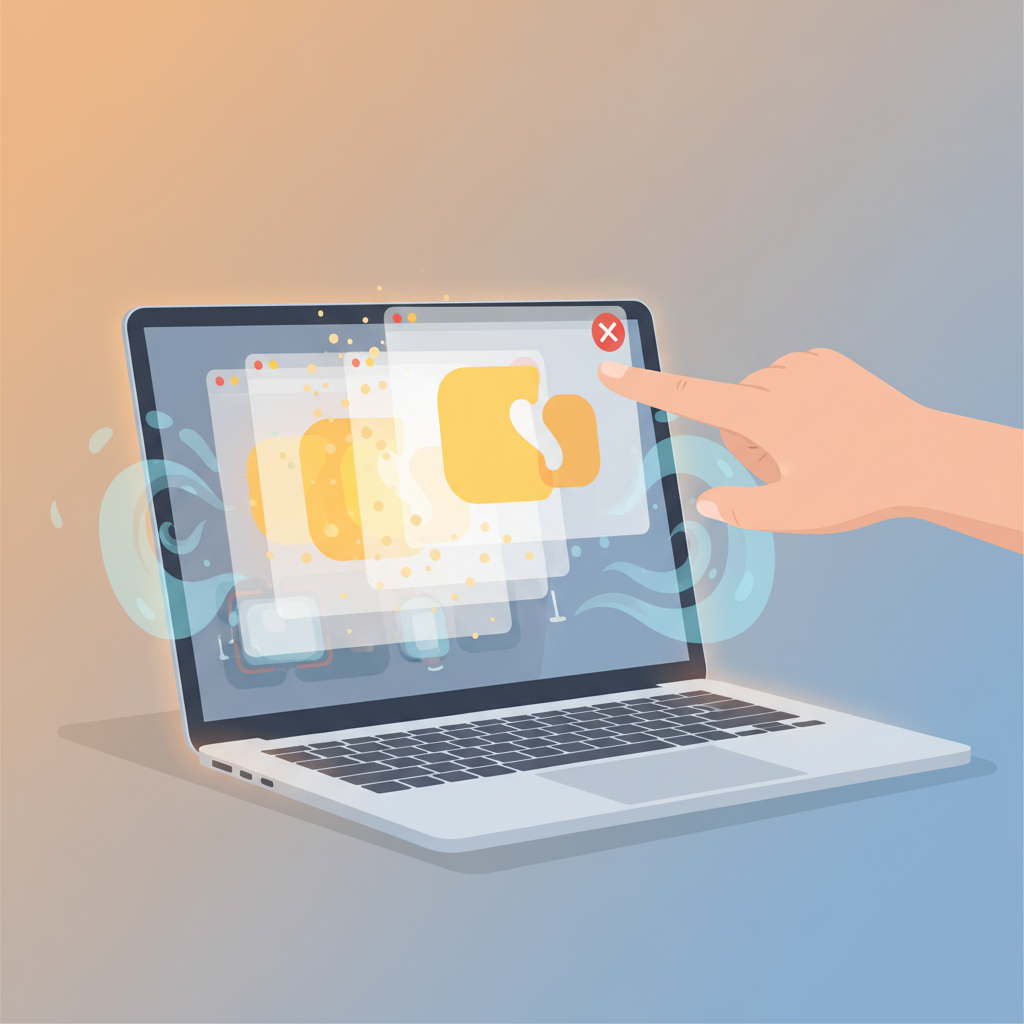 A human hand, entering from the side, with a finger gently pressing the 'X' icon to close multiple overlapping, resource-intensive application windows on a laptop screen. As the windows close, the laptop's overall appearance transitions from a subtle warm glow to a cooler, more neutral tone, with faint blue air currents appearing around its internal components, visually representing reduced temperature and cooling. Style: Clean, minimalist flat illustration with a focus on interaction and a smooth color gradient change to signify cooling.