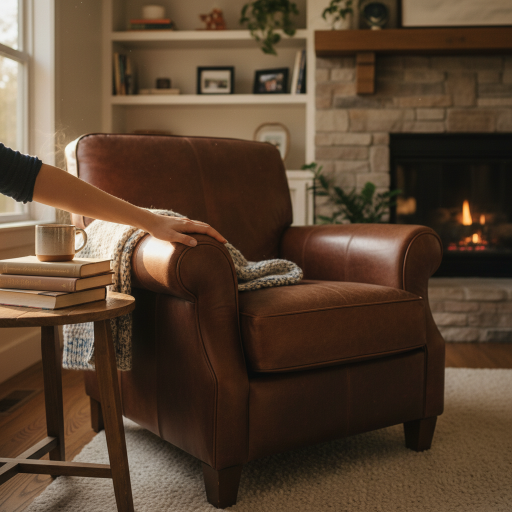 A cozy living room scene featuring a beautifully maintained leather armchair as the centerpiece. A hand gently touches the soft leather, conveying comfort and quality. Sunlight streams into the room, highlighting the chair's texture. The image should evoke warmth and homeliness, suggesting the joy of a well-cared-for piece of furniture. Professional photo with soft lighting.