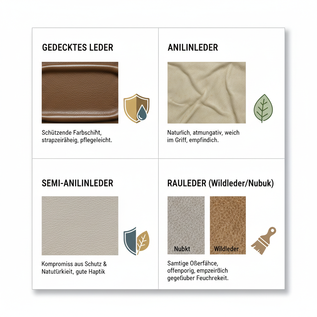 An infographic-style illustration clearly depicting the four main types of leather mentioned: Gedecktes Leder, Anilinleder, Semianilinleder, and Rauleder (Wildleder/Nubuk). Each leather type should have a distinct, stylized texture swatch and a small icon or visual cue representing its key characteristic (e.g., a protective shield for gedecktes Leder, a delicate leaf for Anilinleder). Clean, modern vector graphics.