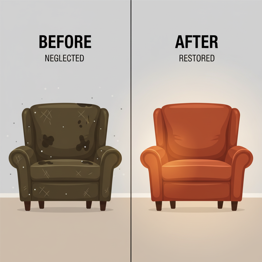 A split-screen or 'before and after' flat illustration. On one side, a worn, dull, and slightly stained leather armchair with visible signs of neglect. On the other side, the same armchair looks vibrant, clean, and well-conditioned, with a subtle glow. This visually emphasizes the positive impact of proper cleaning and care. Simple, clear flat illustration with a focus on contrasting conditions.