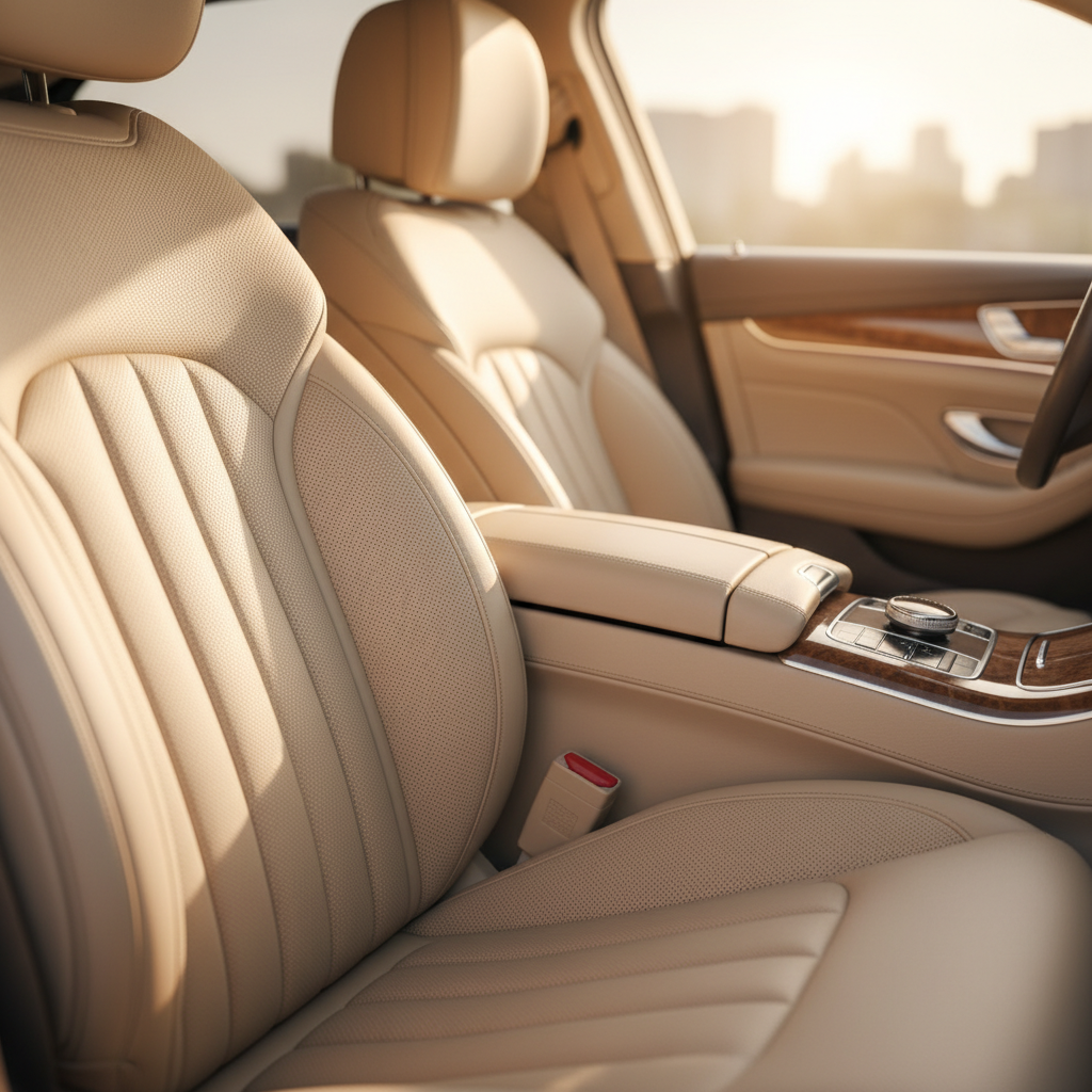 A luxurious car interior with pristine, supple leather seats. Sunlight streams through the window, highlighting the smooth texture and subtle sheen of the leather. A gentle, inviting atmosphere. Professional photo, warm lighting, elegant composition, focus on the seat's details.