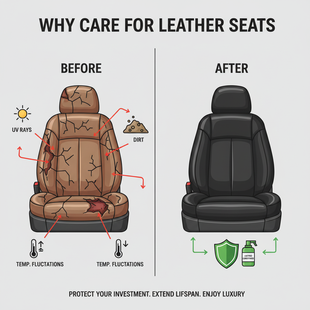 An infographic illustrating the 'Why Care for Leather Seats' section. On one side, a damaged, cracked, and faded leather seat contrasting with a vibrant, well-maintained seat on the other. Include small icons representing UV rays, dirt, and temperature fluctuations attacking the damaged seat. Flat illustration, clean lines, clear visual hierarchy, before-and-after comparison.