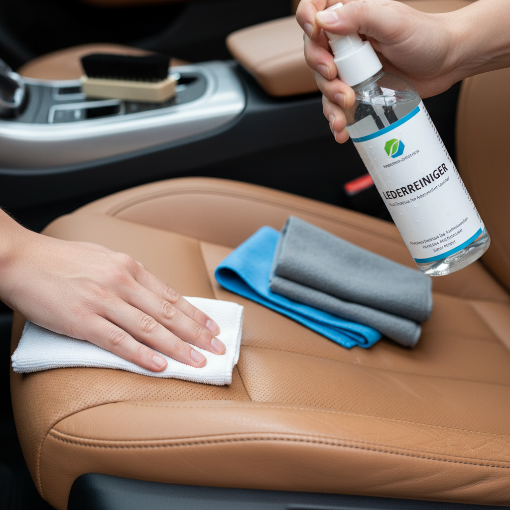 A close-up shot of hands using a soft microfiber cloth and a bottle of mild leather cleaner on a car seat. The hand is gently wiping a section of the leather. Show the recommended tools: two clean microfiber cloths and a specialized leather cleaner bottle with a label indicating 'Lederreiniger'. Professional product photography style, bright and clean, focus on the action and tools.