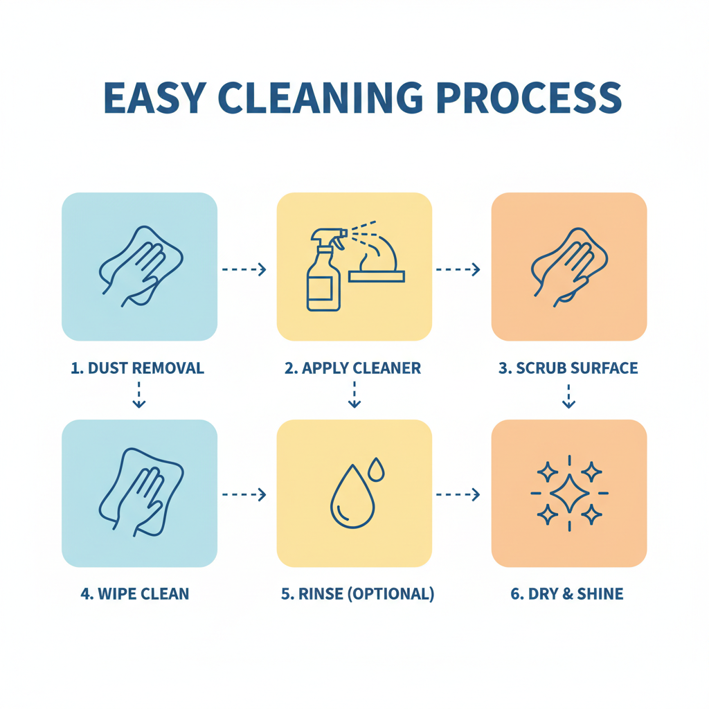 A detailed step-by-step diagram or illustration showcasing the cleaning process. Each step (1. Dust removal with a dry cloth, 2. Applying cleaner, etc.) is depicted in a separate panel or icon clearly labeled. The overall layout should be easy to follow, resembling a 'how-to' guide visual. Infographic style, bright colors, minimalist design, sequential panels.