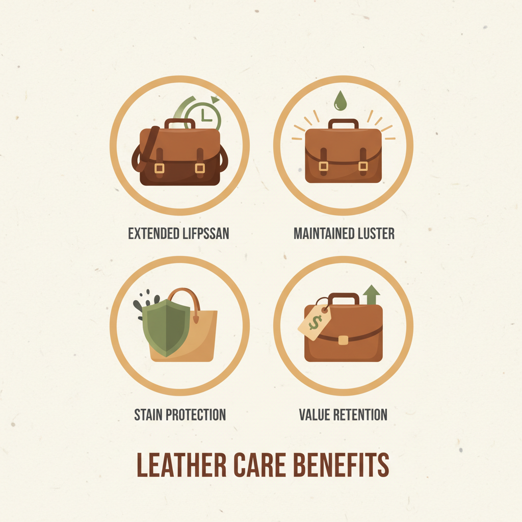 A flat lay illustration or infographic-style image demonstrating the key benefits of leather care. It should feature icons representing 'Extended Lifespan' (e.g., a strong leather bag icon), 'Maintained Luster' (a glowing leather bag), 'Stain Protection' (a shield over a bag), and 'Value Retention' (a price tag on a bag). The color scheme should be clean, modern, and inviting, using a palette of earthy tones and soft accent colors.