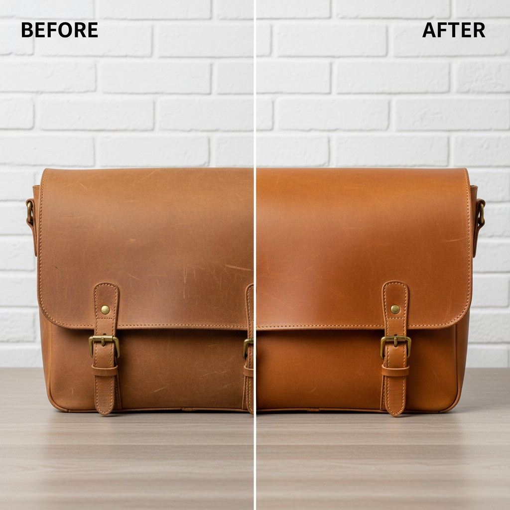 A split-screen or side-by-side comparison photo showcasing the 'before and after' of a leather bag cleaning. On one side, a leather bag with visible dirt, light scratches, and a dull surface. On the other side, the same bag (or an identical one) looking pristine, polished, and vibrant after cleaning. The lighting should be consistent, emphasizing the dramatic improvement.