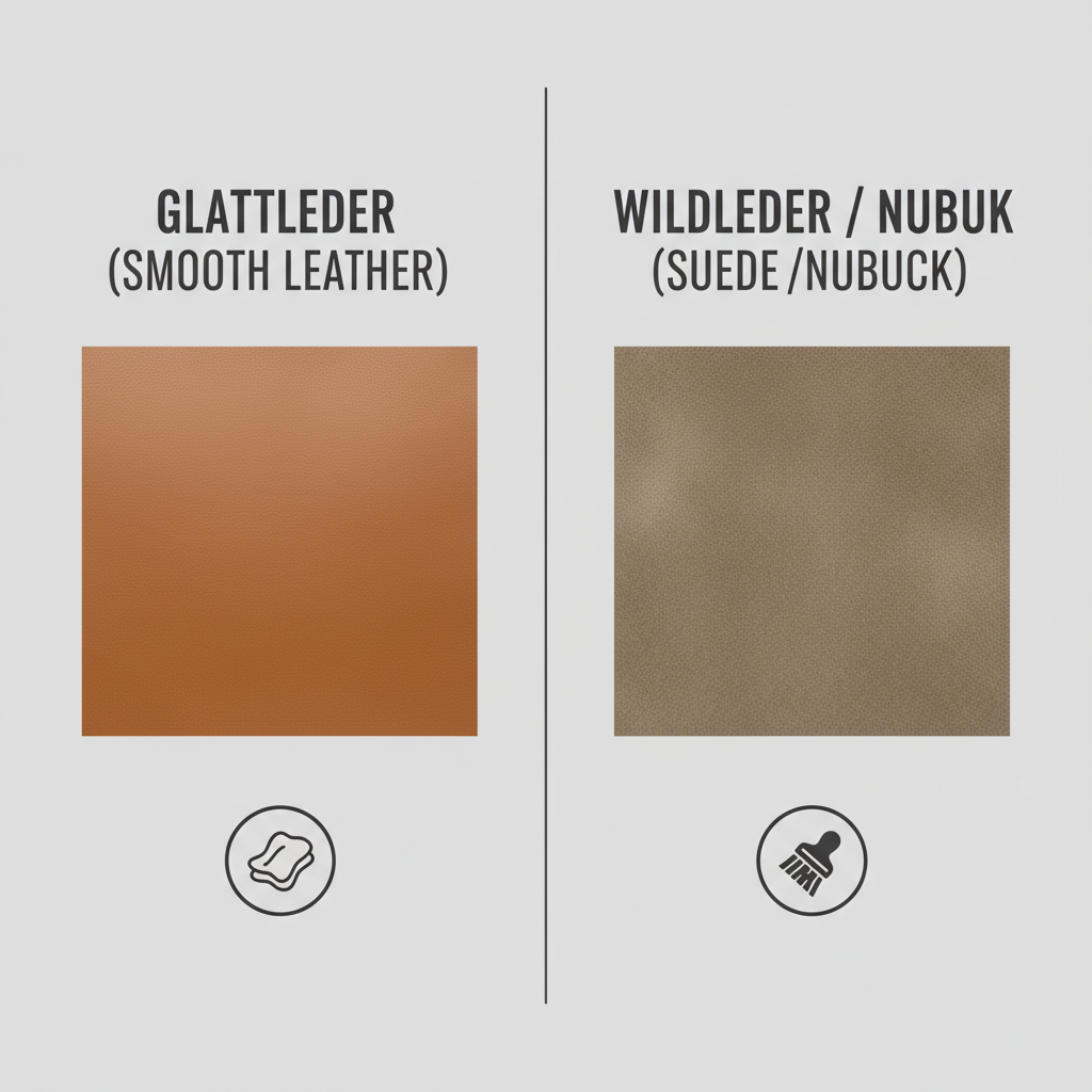 A visually instructive diagram or clean illustration depicting different types of leather: Glattleder (smooth leather) and Wildleder/Nubuk. For Glattleder, show a smooth, refined surface with a subtle sheen, perhaps with a simple icon of a cloth for cleaning. For Wildleder/Nubuk, illustrate a soft, velvety texture with a slightly napped surface, alongside a gentle brush icon. Use a neutral background to keep the focus on the leather textures, with clear labels for each type.