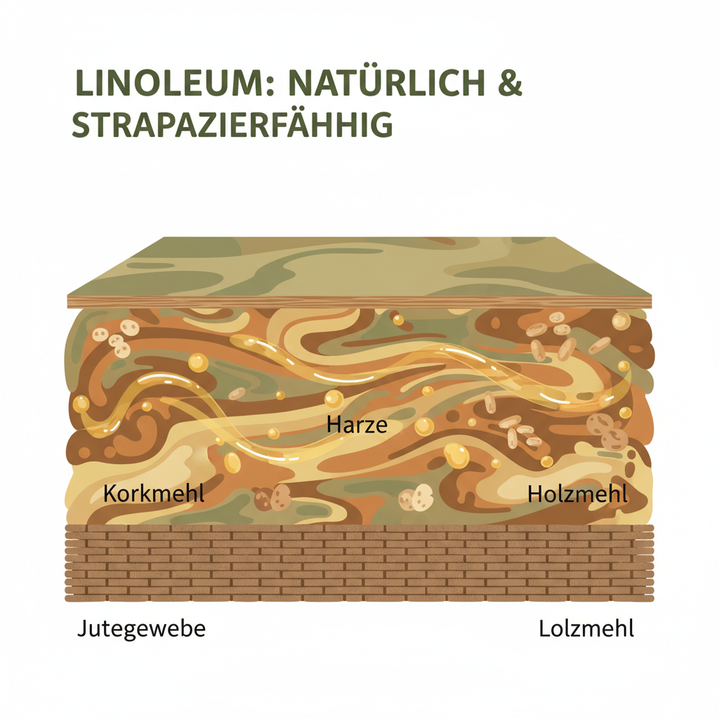 A detailed flat illustration infographic showing the layers and components of linoleum. The illustration should clearly label 'Leinöl', 'Korkmehl', 'Holzmehl', 'Harze', and 'Jutegewebe' as distinct layers or embedded elements within the floor structure. Use natural, earthy color tones to represent the organic materials. Emphasize the natural composition and durability.