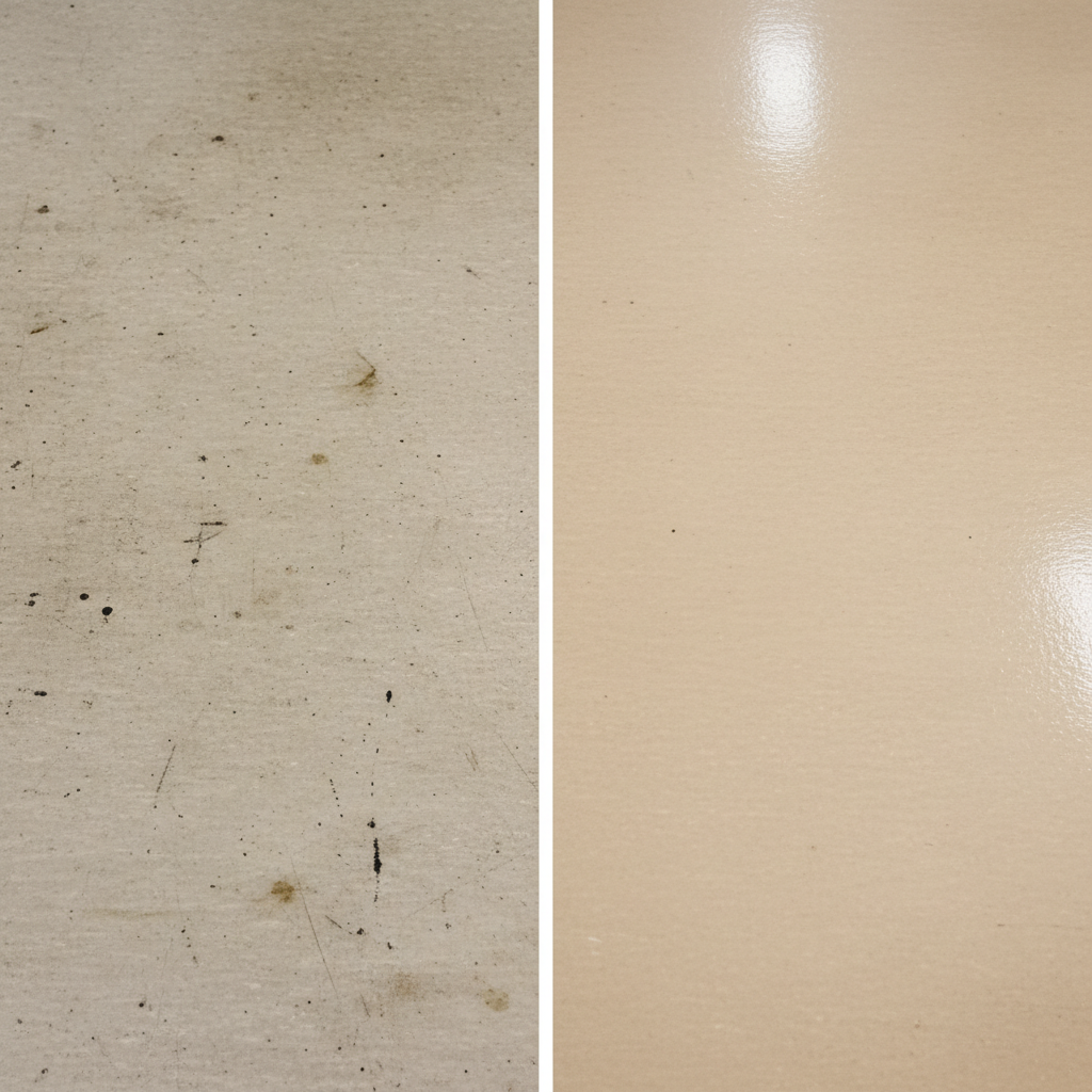 A comparison image, split down the middle. One side shows a dull, dirty linoleum floor with visible scuff marks and a general greyness, perhaps with some subtle stains. The other side shows the same linoleum floor, now sparkling clean, with a vibrant sheen and rich color, free of blemishes. Use a consistent photographic style for both halves to highlight the contrast.