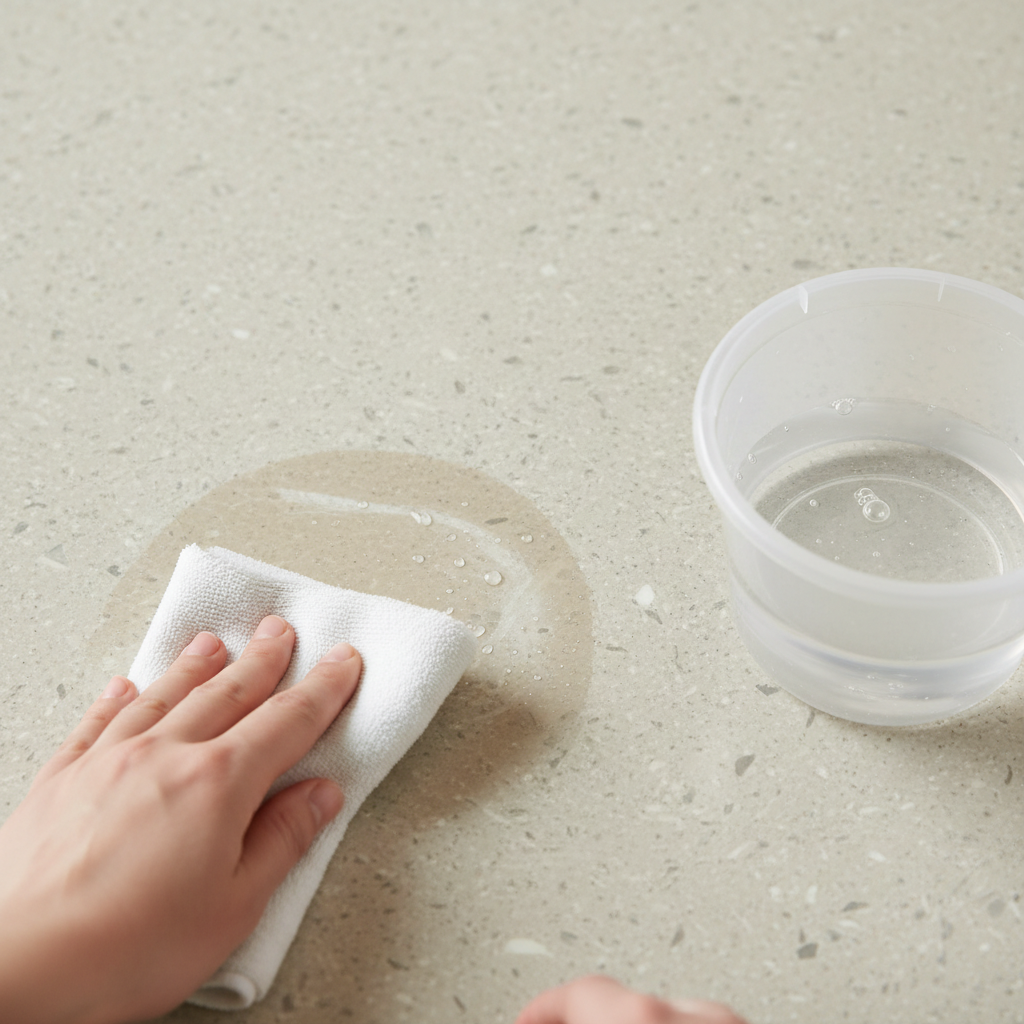 A close-up, high-angle professional photo illustrating gentle cleaning. A person's hands (out of focus) are carefully wiping a small section of a linoleum floor with a soft cloth and a bucket of water with minimal suds, emphasizing a gentle, non-abrasive cleaning method. The focus should be on the clean, damp area and the subtle texture of the linoleum, suggesting care and attention.