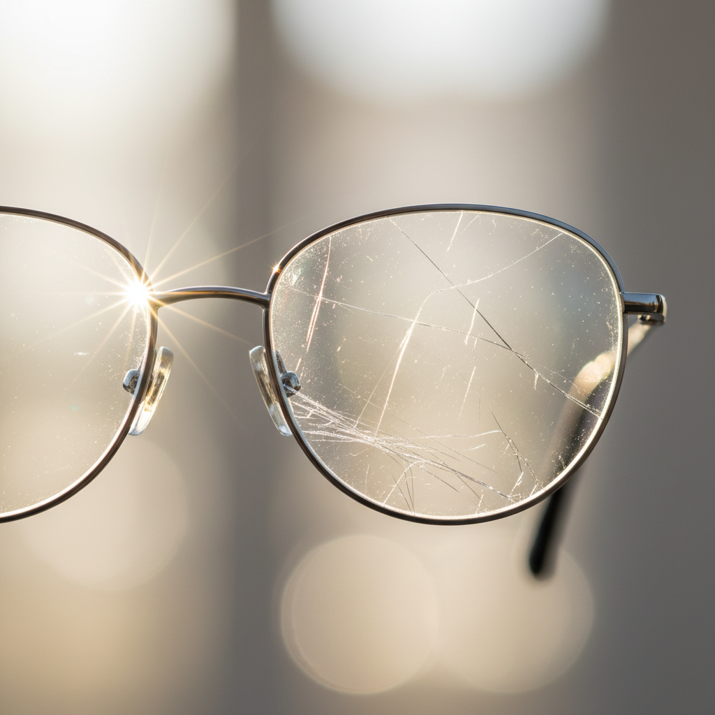A close-up, slightly abstract professional photo of modern eyeglasses. One lens is pristine, reflecting light sharply, while the other lens is visibly covered with numerous fine, distracting scratches. Behind the scratched lens, a subtle visual effect depicts distorted, blurry light rays and fragmented reflections, symbolizing impaired vision and glare. The background is softly out of focus, emphasizing the eyeglasses and the contrast between the clear and scratched lens. The image conveys the impact of scratches on visual clarity.