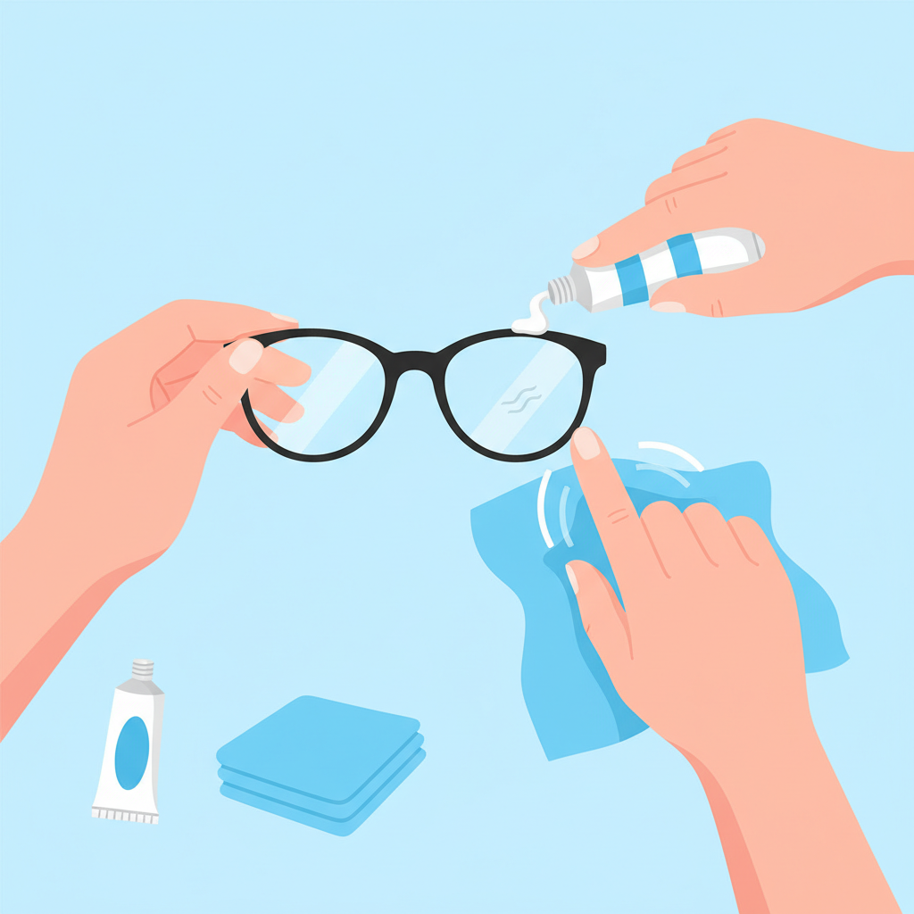 A clean, instructional flat illustration demonstrating the process of using toothpaste to treat lens scratches. A pair of hands gently holds a pair of eyeglasses. One hand is depicted applying a tiny, pea-sized dab of white toothpaste onto a scratched lens, while the other hand uses a soft, clean microfiber cloth to gently rub the toothpaste in small, circular motions. The lens shows a subtle visual hint of a scratch diminishing. The color palette is bright and accessible, highlighting the simplicity of the home remedy.