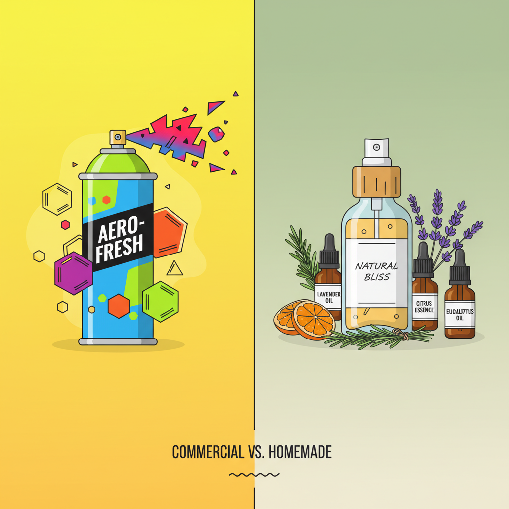 A vibrant, flat illustration depicting a comparison between commercial and homemade air fresheners. On one side, show a generic, brightly colored commercial spray can with abstract chemical symbols. On the other side, show a stylish, minimalist glass spray bottle surrounded by natural elements like essential oil bottles, orange slices, and herbs. Use a clean, modern illustration style with clear visual distinctions.