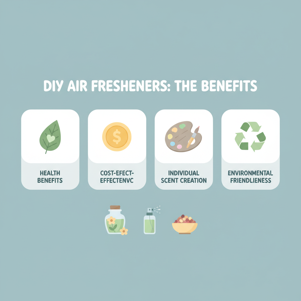 An infographic-style illustration highlighting the benefits of DIY air fresheners. Use clean, simple icons for each point: a green leaf for 'health benefits', a coin for 'cost-effectiveness', a palette and brush for 'individual scent creation', and a recycling symbol for 'environmental friendliness'. Arrange them in a clear, easy-to-read layout with a soft color palette.