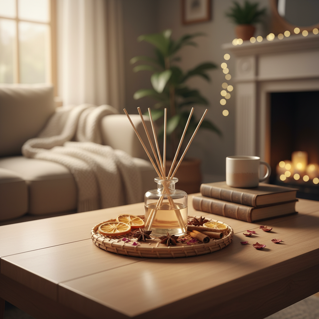 A warm, inviting professional photo of a living room scene. In the foreground, prominently display a beautifully arranged homemade air freshener (e.g., a small decorative bowl with potpourri or a reed diffuser made from natural materials). The background should be softly blurred, showing a cozy, clean home environment, suggesting comfort and pleasant aromas.