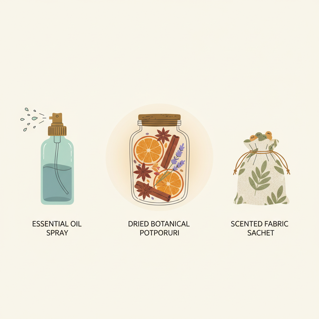 A minimalist flat illustration showcasing a variety of methods for DIY air fresheners. Include distinct icons or simple drawings for: a small spray bottle (for essential oil sprays), a decorative jar with dried botanicals (for potpourri), and a small fabric sachet (for scented bags). Each item should be clearly identifiable and represent a different type of air freshener. Use a cohesive, clean color scheme.