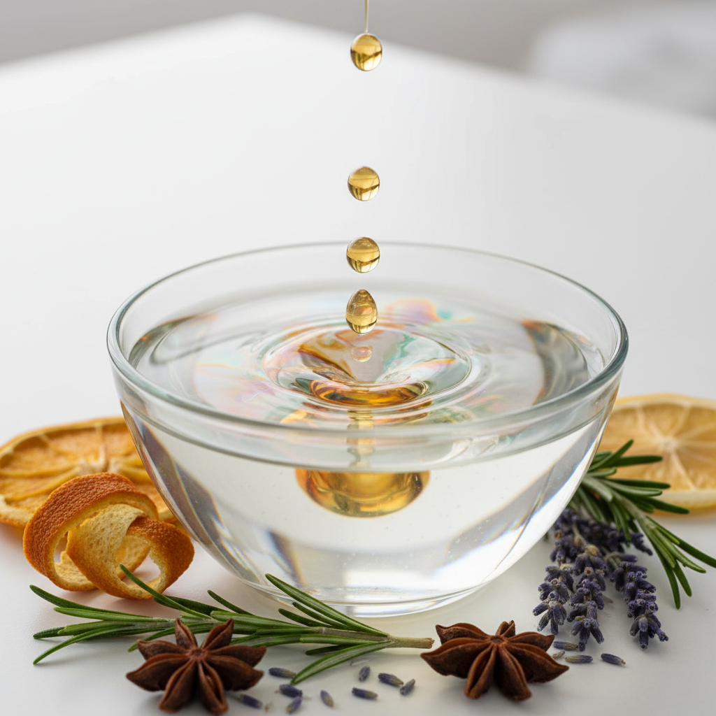 A close-up, artistic photo of essential oil droplets falling into water in a clear glass bowl, creating beautiful, swirling patterns. Surround the bowl with relevant raw materials like fresh citrus peels, a sprig of rosemary, or a few lavender buds. The focus should be on the purity and concentration of the essential oils, with a shallow depth of field.