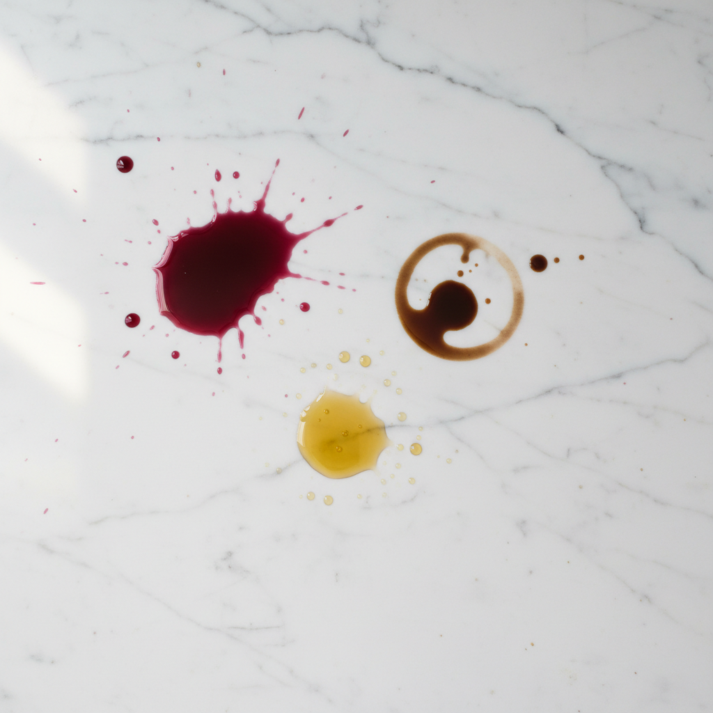 A high-angle, professional photograph of a luxurious white marble kitchen countertop. The surface is marred by several common household spills: a deep red wine splash, a dark coffee ring, and a small, translucent oil drip. The image highlights the contrast between the elegant stone's natural veins and the unsightly, fresh stains, conveying the initial problem effectively. Soft, natural light illuminates the scene.