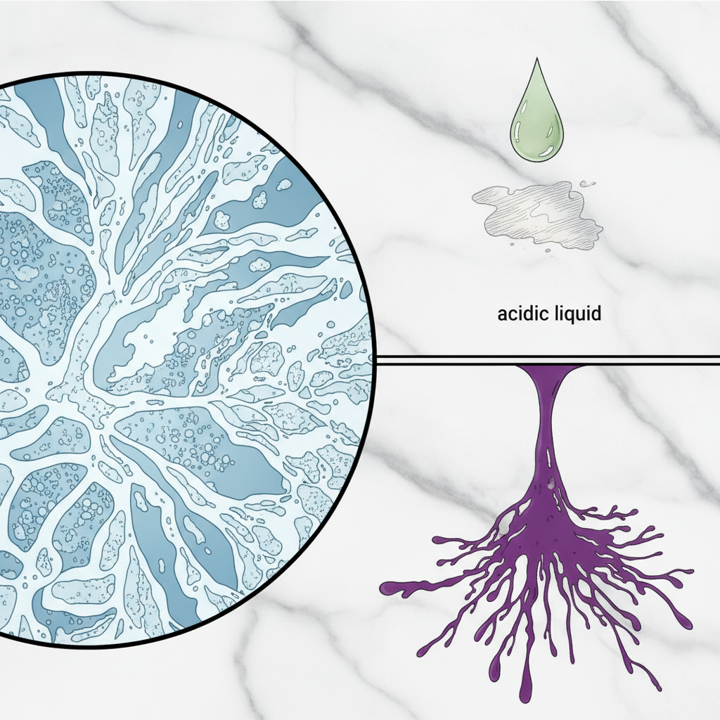 An infographic-style illustration depicting the microscopic vulnerability of marble. On one side, show a magnified cross-section of marble with tiny, intricate pores and channels. On the other side, illustrate a drop of acidic liquid reacting with the surface, causing a dull, etched patch, and another showing a colored liquid penetrating deep into the pores, leading to a stain. Use clean lines and a scientific aesthetic.