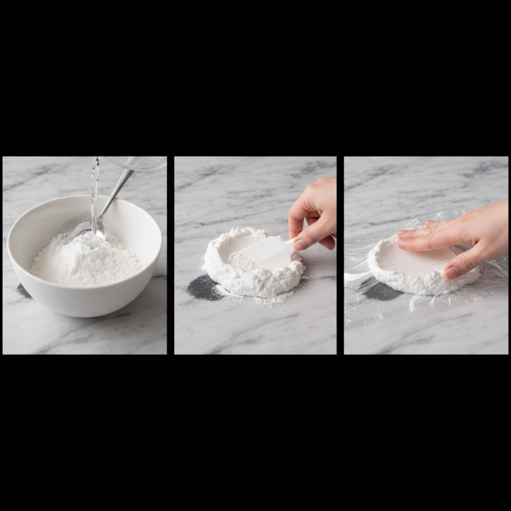A multi-panel or sequential illustration demonstrating the baking soda paste application. Panel 1: A mixing bowl with baking soda powder and a splash of water, forming a thick paste. Panel 2: A hand gently applying a generous dollop of this paste directly onto a dark, organic stain on a marble surface. Panel 3: The paste-covered stain is then carefully blanketed with a sheet of clear plastic wrap, adhering to the paste. Use a clean, instructional style.