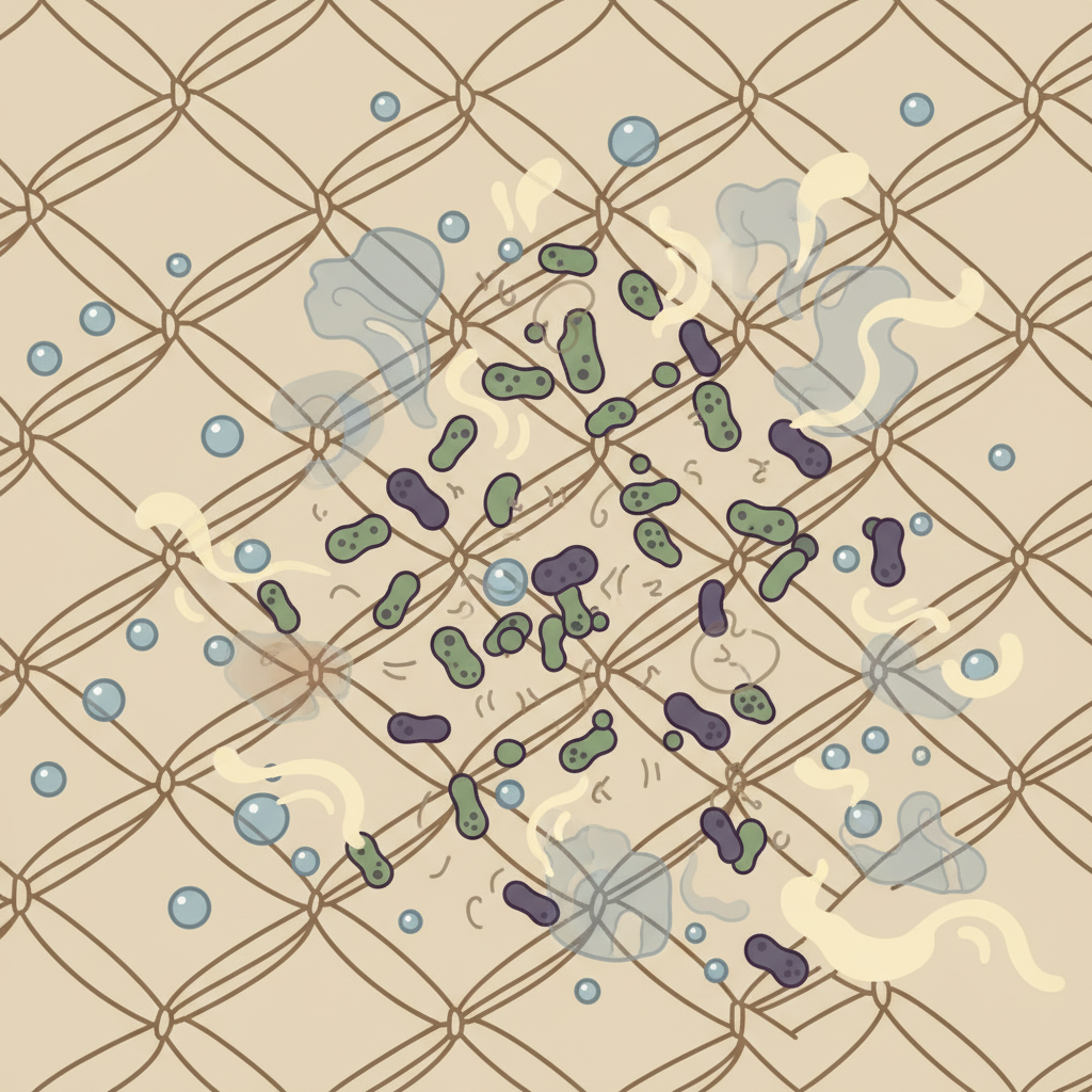 A close-up, stylized flat illustration depicting the surface of a mattress. Visible moisture droplets or a subtle 'wet' texture are being absorbed into the fabric. Tiny, simplified representations of bacteria (like small green or purple amoeba shapes) are shown proliferating within the mattress fibers. Emanating from the bacterial activity are abstract, wavy lines or subtle gas cloud effects, visually representing unpleasant odor, without showing any faces or negative expressions. The overall feeling should be scientific yet approachable, highlighting the hidden biological process.