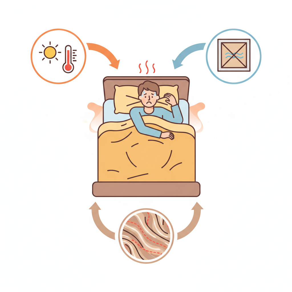 An infographic-style illustration depicting several small, interconnected scenes around a stylized sleeping area. One scene shows a sun icon and a thermometer indicating high temperature. Another shows a closed window with no airflow. A third shows a person slightly restless or hot in bed. A fourth could subtly hint at synthetic bedding texture. These elements should be visually linked by subtle arrows or lines, suggesting they contribute to the main problem, without using any written labels or symbols that contain letters. The color palette should feel a bit warm but clean.