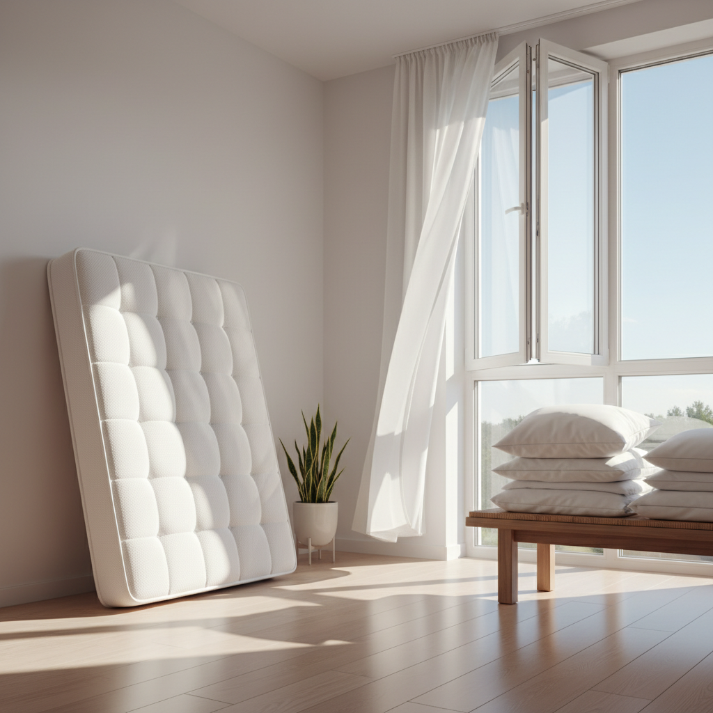 A bright, clean professional photo showing a mattress standing upright or tilted against a wall near a wide-open window. Sunlight streams into the room, illuminating a gentle breeze subtly indicated by sheer curtains swaying. The bedding is neatly removed and perhaps folded nearby, emphasizing the mattress airing out. The room appears fresh and minimalist, conveying a sense of cleanliness and revitalization. Focus on natural light and open space to communicate freshness.