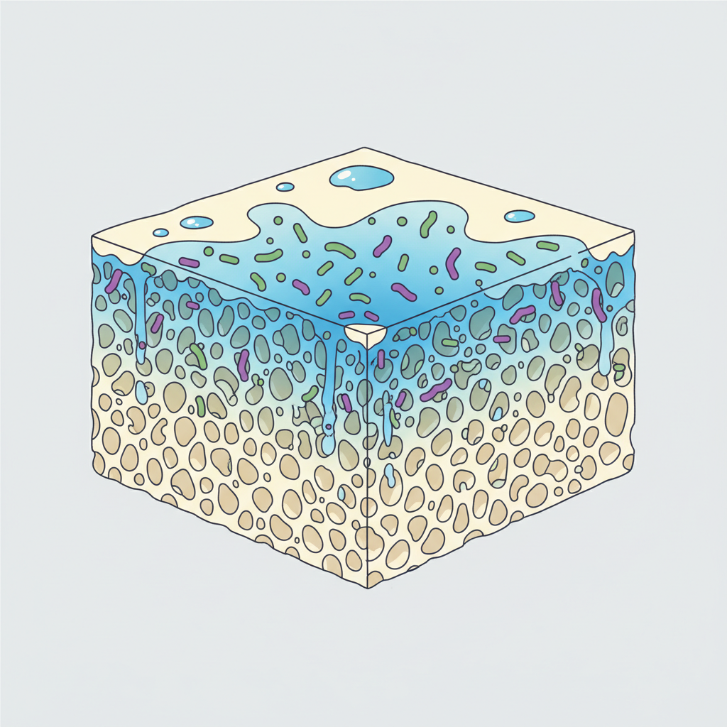 A detailed, cross-sectional scientific illustration of a mattress material (e.g., memory foam or spring layer). Show magnified pores or cellular structures within the material. A blue liquid, representing sweat, is visibly penetrating and being absorbed deep into these structures. Small, abstract specks or simple bacterium-like shapes are interspersed within the absorbed liquid, demonstrating how moisture creates an environment for microbial growth. The illustration should be clear and precise, akin to a biology textbook diagram but stylized for a blog.