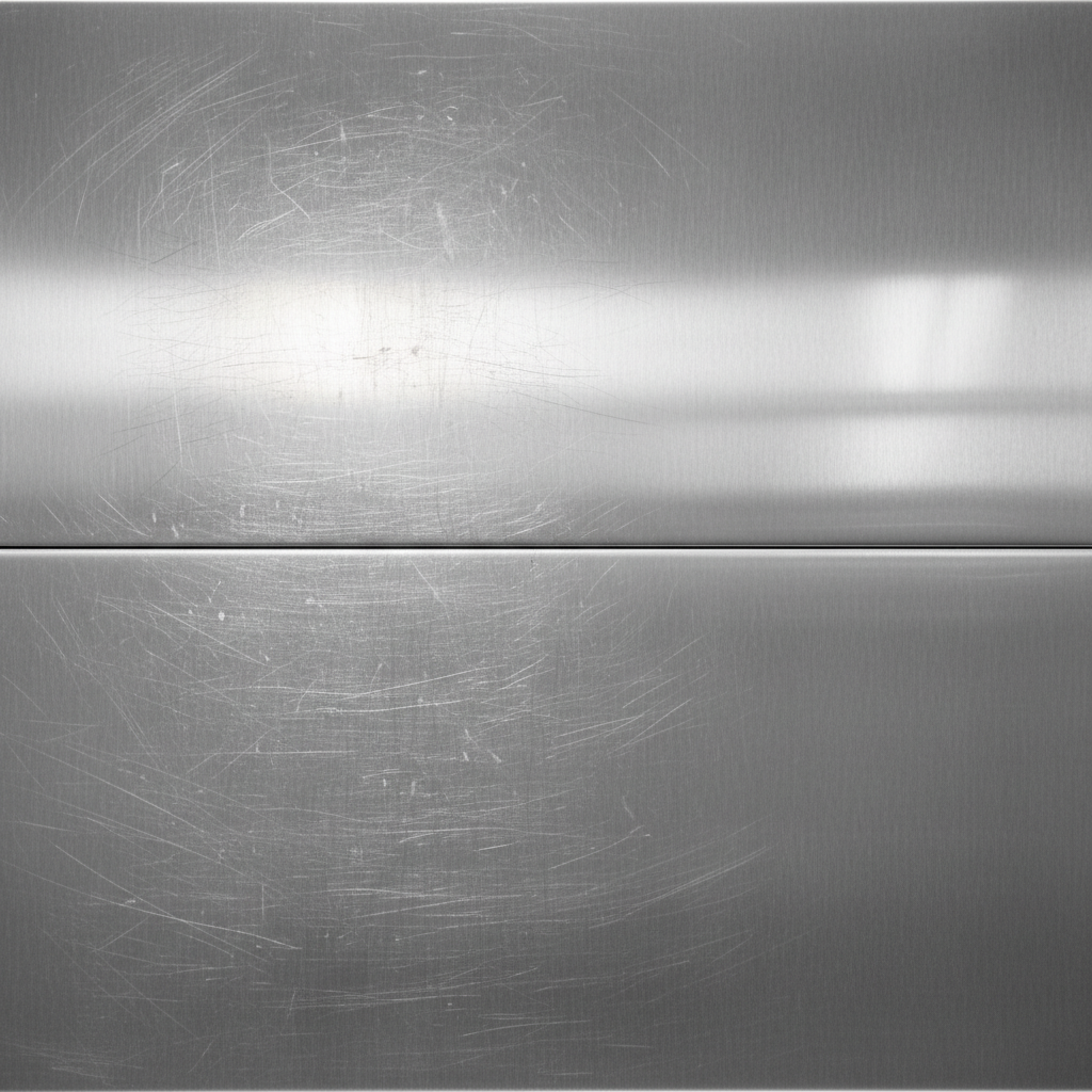 A close-up, high-definition professional photo of a brushed stainless steel surface. The image is horizontally divided. On the left side, the surface shows multiple visible scratches, ranging from fine hairline marks to deeper gouges, appearing dull and damaged. The right side of the same surface is impeccably polished, smooth, and highly reflective, mirroring a subtle light source, illustrating its restored, original luster. The contrast should be stark, emphasizing the 'before and after' effect of scratch removal on metal.