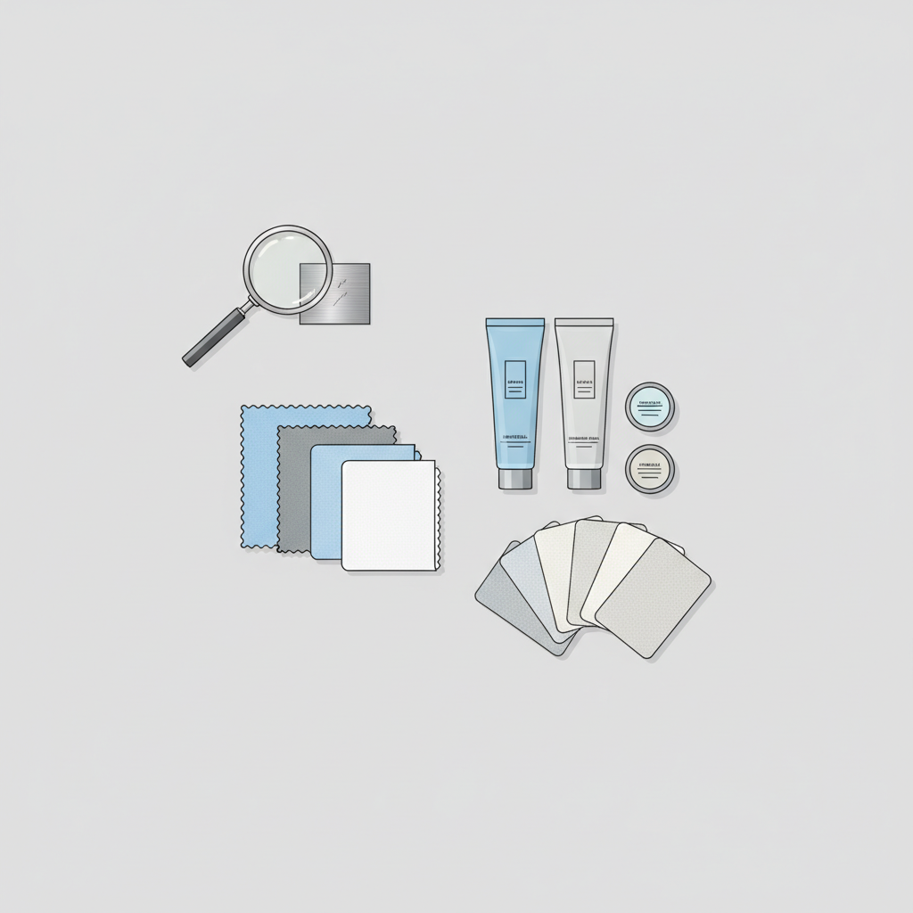 A flat lay, clean infographic-style illustration showcasing essential tools and materials for metal scratch removal. Prominently featured are a variety of soft microfiber cloths, several tubes or containers of specialized polishing paste for different metals, and an assortment of very fine-grit sanding or abrasive pads. Also include a small magnifying glass positioned over a metallic surface to subtly suggest the act of identifying scratch types. The items are neatly arranged on a neutral background, conveying organization and preparation for a task.
