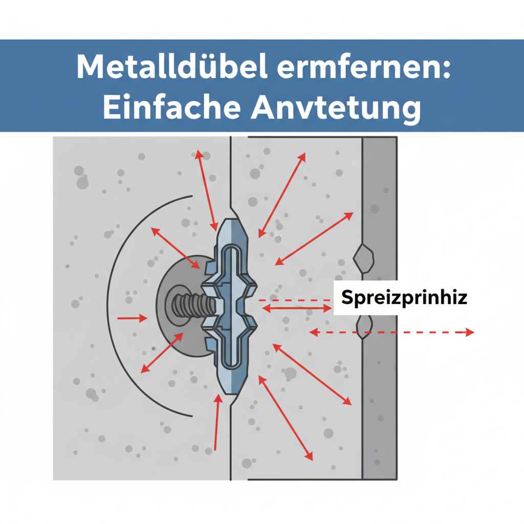 A clean, educational infographic style illustration depicting a cross-section of a wall (e.g., concrete or brick). Inside a drilled hole, a metal anchor is shown in its expanded state, with a screw partially threaded into it. Arrows and dotted lines clearly illustrate the 'Spreizprinzip' (expansion principle), showing how the anchor wedges itself firmly against the wall material. The style is schematic, using a limited color palette for readability and focuses on the mechanical function.