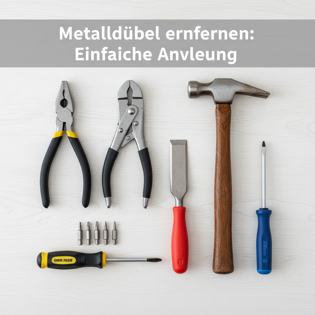 A professionally lit flat lay photo showcasing a curated collection of essential tools for metal anchor removal. Tools are arranged neatly on a clean, light background and include a robust pair of combination pliers, a grip plier, a hammer, a couple of different screwdrivers/bits, and a small chisel. Each tool is clearly visible and in focus, emphasizing their importance for the task. The composition is clean and practical, suitable for illustrating the 'Which tools do I need?' section.