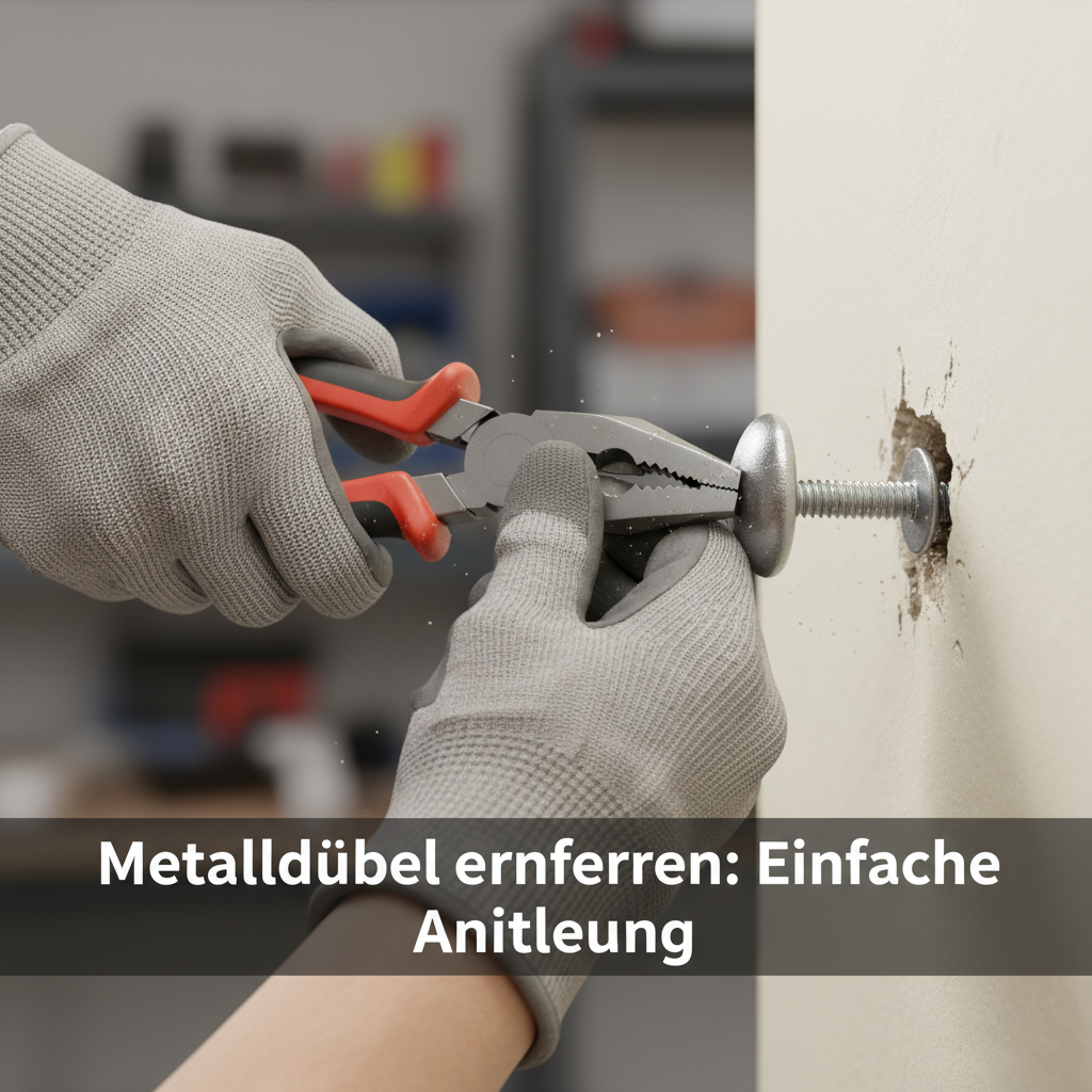 A detailed close-up illustration, in a realistic yet slightly stylized manner, showing a person's hands (wearing work gloves) expertly gripping the head of a stubborn metal anchor with a pair of sturdy combination pliers. The anchor is partially pulled out of a light-colored wall, revealing the slightly damaged edge of the drill hole. Focus is on the action and the tension of removal, highlighting the effort involved. The background is softly blurred to keep attention on the hands, tools, and anchor.