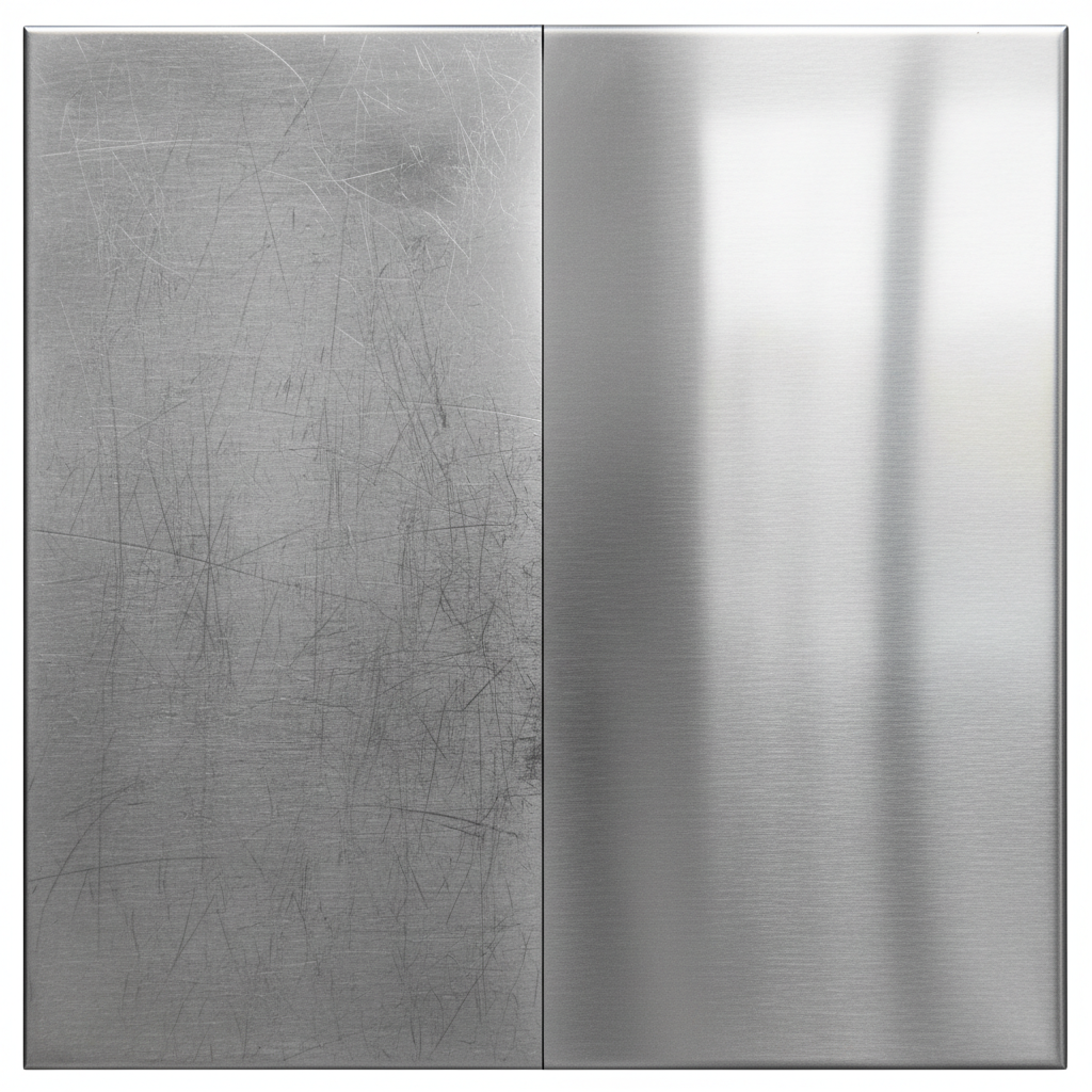 A professional close-up photo of a brushed stainless steel surface, visually divided to show a 'before and after' effect. The left side exhibits several distinct, visible scratches and dullness, with light catching the imperfections. The right side is immaculately smooth and highly polished, reflecting light brightly and demonstrating a restored, pristine finish. The image should clearly convey the successful transformation of a scratched metal surface regaining its original luster and shine.