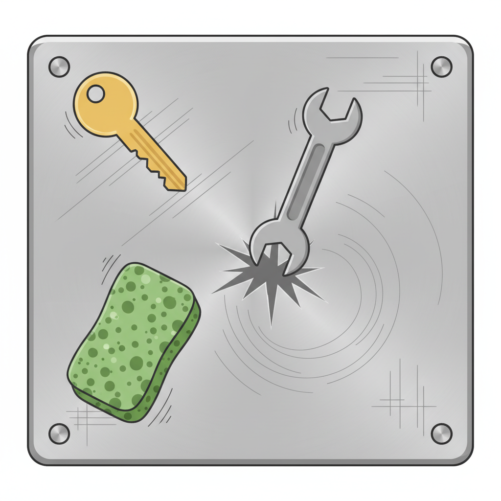 An infographic-style flat illustration depicting a rectangular, generic silver metal surface as the background. Various stylized objects are shown interacting with it to represent common causes of scratches. These include a house key leaving fine lines as if dragged, a rough green abrasive sponge creating swirl marks, and a small, heavy wrench falling to create a distinct impact dent. Subtle, faint parallel lines represent general wear and tear. The illustration should be clean and clearly communicate the different ways metal surfaces can get damaged.