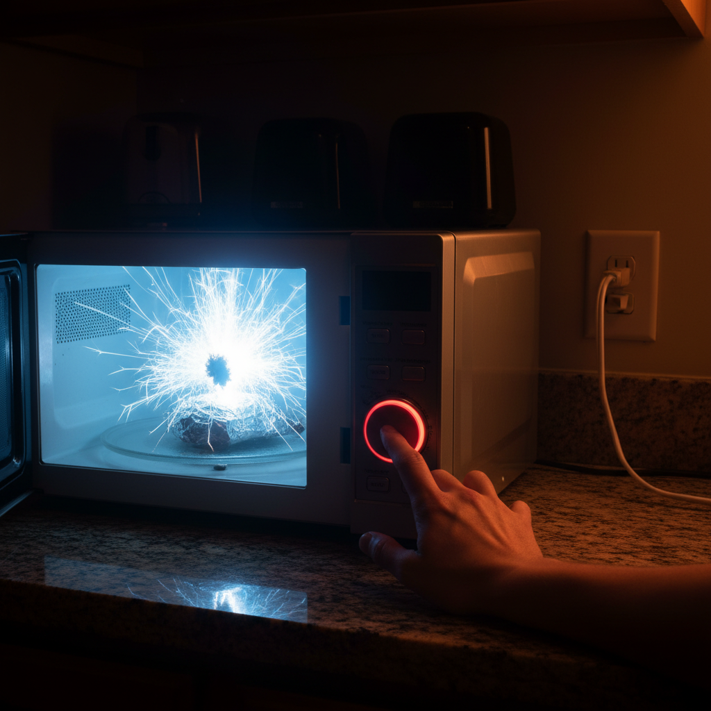 A realistic photograph from a slightly elevated angle, capturing the interior of a microwave oven where a bright, electric spark is visibly arcing near a food item. In the foreground, a human hand is urgently reaching to pull the power cord from a wall socket, or pressing a prominent red power button on the microwave itself. The kitchen environment is dimly lit, emphasizing the alarming glow of the spark, conveying a sense of immediate action and potential danger. Professional photo style.