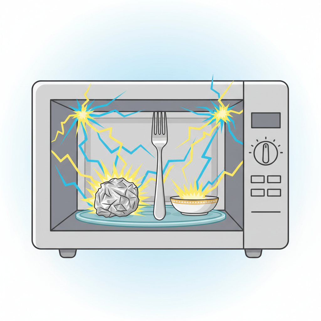 A clear, infographic-style illustration depicting the interior of a microwave oven. Inside, various forbidden metallic items are placed: a crumpled piece of aluminum foil, a metal fork, and a small dish with metallic trim. Bright, jagged yellow and blue electric arcs are vividly shown originating from these metal objects, indicating the microwave radiation reacting with them. The background is simple and clean, highlighting the cause-and-effect relationship visually. Flat illustration style.