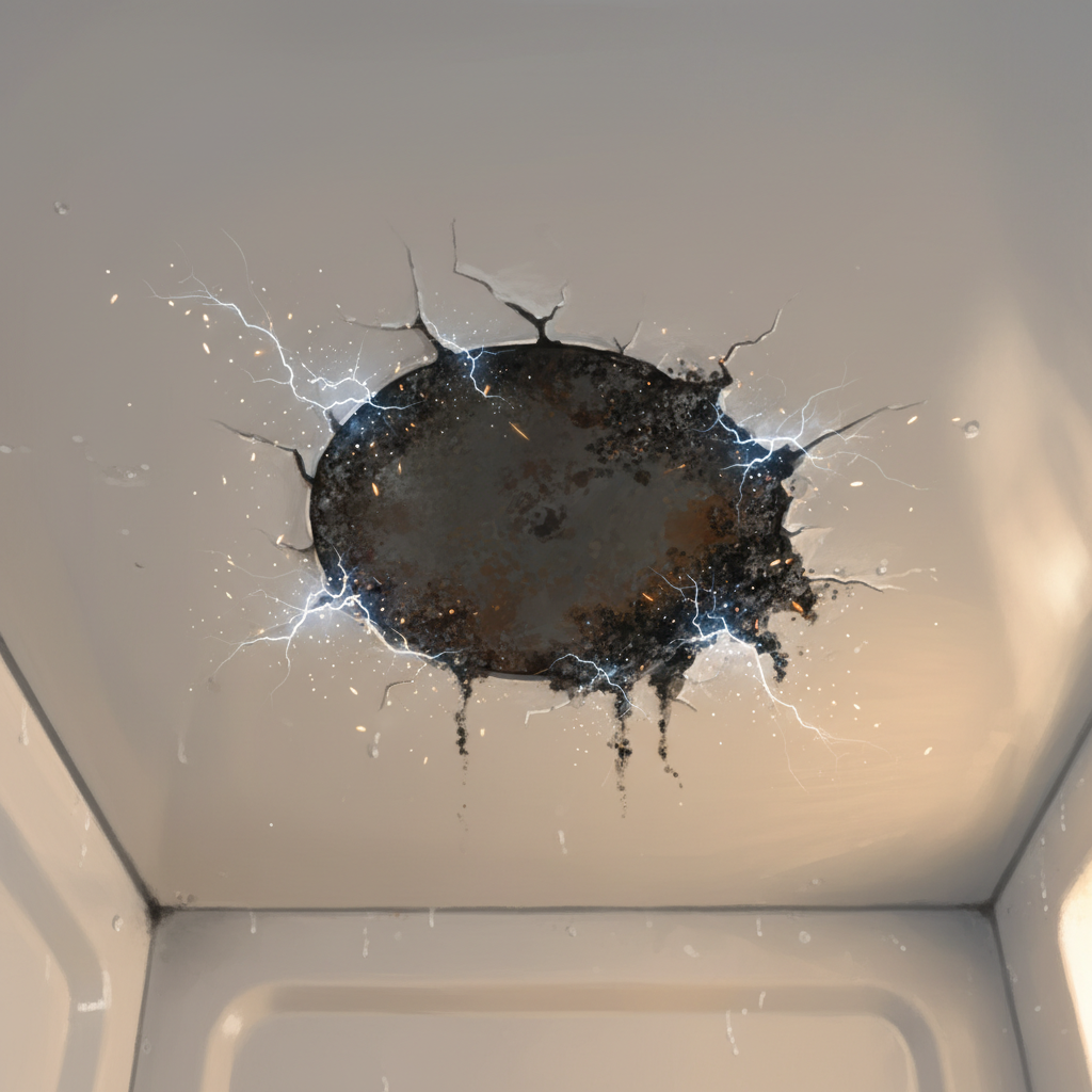 A detailed, close-up digital painting or semi-realistic illustration of the inside of a microwave oven. The focus is on a specific area of damage on the interior wall or ceiling: a section where the protective enamel coating is visibly chipped or peeled away, exposing a darker material beneath. Additionally, some stubborn, dark, burnt-on food residue is shown adhered near this damaged area. Small, intermittent electric sparks are depicted emanating from these compromised spots, illustrating the hazard. Detailed digital painting style.