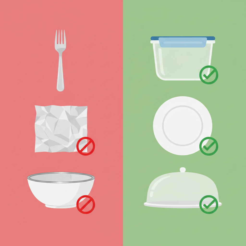 A split-panel, clean flat illustration contrasting safe and unsafe microwave practices. On one side, depict common metal items like a fork, aluminum foil, and a metallic-rimmed bowl, all visually indicated as 'forbidden' through a red color overlay or a subtle 'no entry' graphical symbol. On the other side, show microwave-safe alternatives: a transparent glass container, a plain ceramic plate, and a plastic microwave-safe cover, all highlighted with a green color overlay or a 'check' graphical symbol. The overall aesthetic is educational and intuitive, emphasizing material choices purely visually.