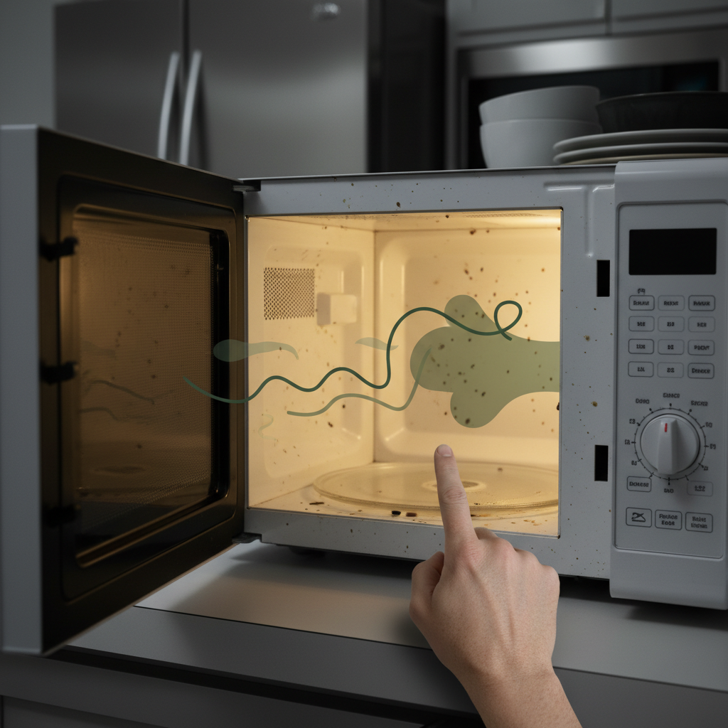 A slightly open microwave oven, its interior dimly lit and showing noticeable food splatters and dried residue on the walls and ceiling. A subtle, stylized cloud or wavy lines emanate from the microwave opening, suggesting an unpleasant odor. In the foreground, a human hand is hesitantly reaching towards the door, conveying a sense of mild disgust. Style: Realistic, high-definition photograph with a touch of atmospheric illustration for the smell.