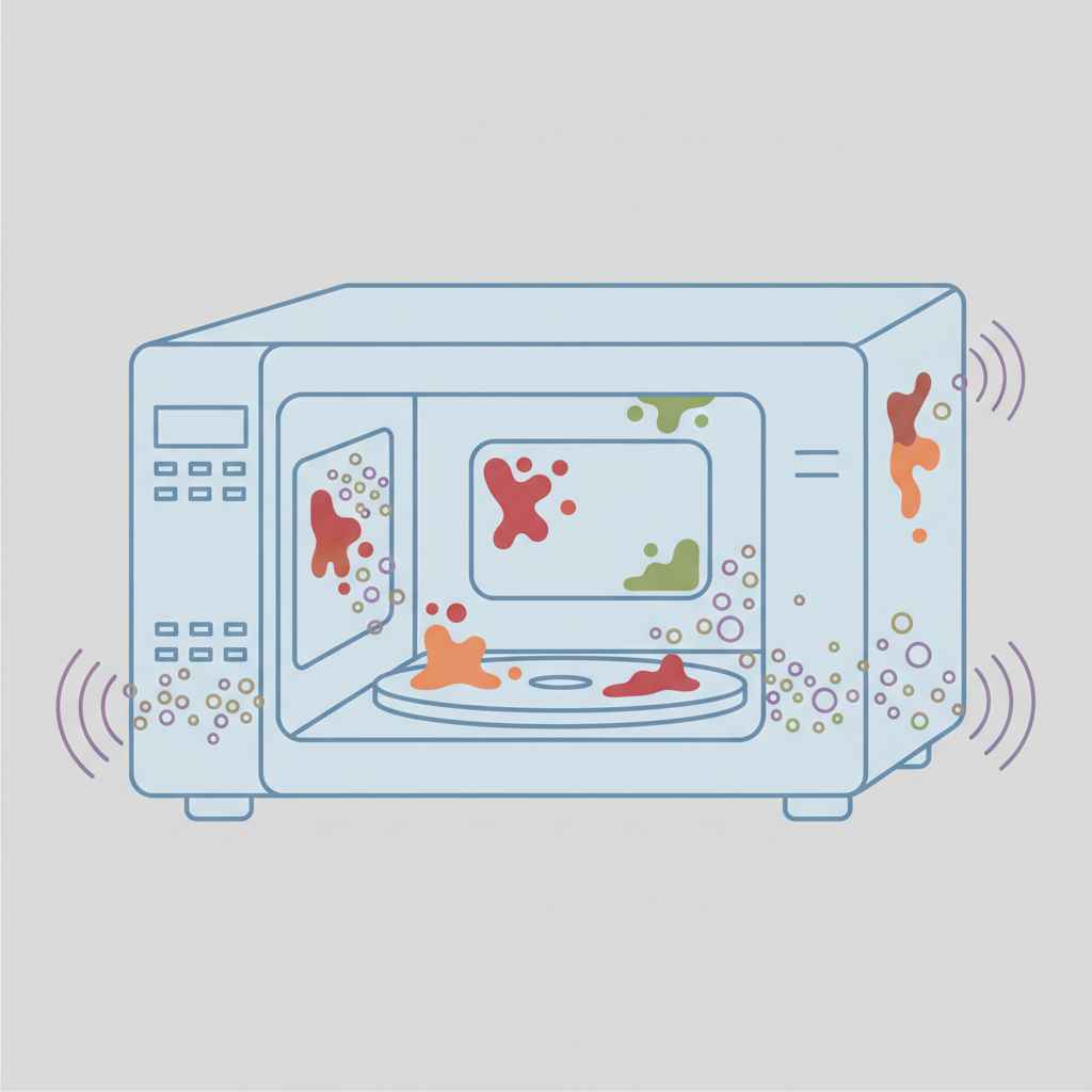 An infographic-style illustration depicting a transparent, cutaway view of a microwave oven. Inside, various types of food residue are stylized as small, abstract shapes adhering to the inner walls, ceiling, and turntable. Small, almost microscopic circles or dots represent bacteria growth around these food particles, visually explaining the causes of odors. Style: Clean, modern flat illustration with clear, distinct graphical elements.