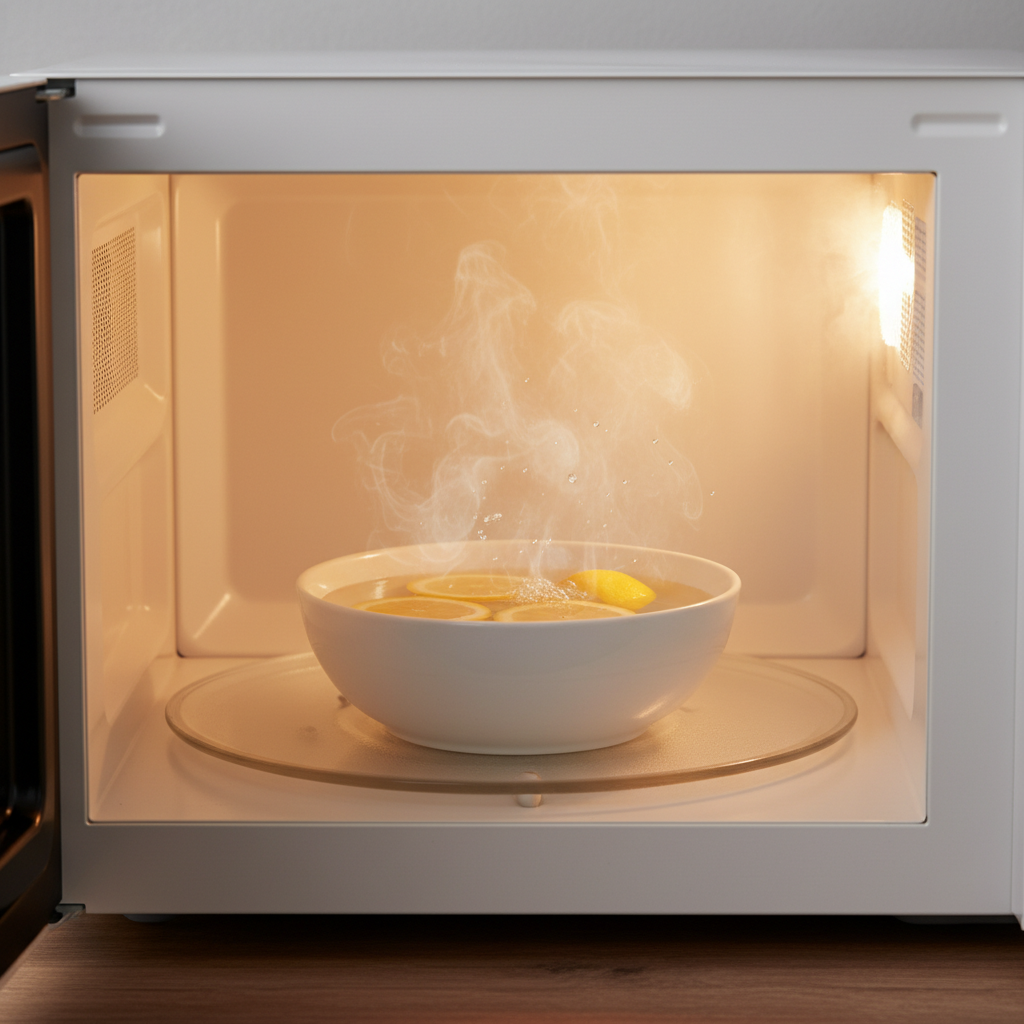A close-up, eye-level shot inside a microwave oven. A microwave-safe ceramic bowl filled with a clear liquid and several bright lemon slices is placed centrally on the turntable. Visible, gentle steam is rising from the liquid, subtly clouding the inside of the microwave's glass door, demonstrating the steam cleaning method in action. Style: Bright, professional studio photograph with warm, natural lighting.
