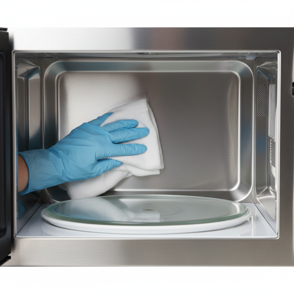 A pristine, sparkling clean microwave interior. The stainless steel or white surfaces gleam, reflecting light, with no visible splatters or residue. A human hand, wearing a light-colored cleaning glove, is gently wiping down a spotless inner surface with a soft, microfiber cloth, emphasizing the final step and the successful outcome of the cleaning process. Style: Bright, high-key professional photograph with a focus on polished surfaces and a sense of freshness.